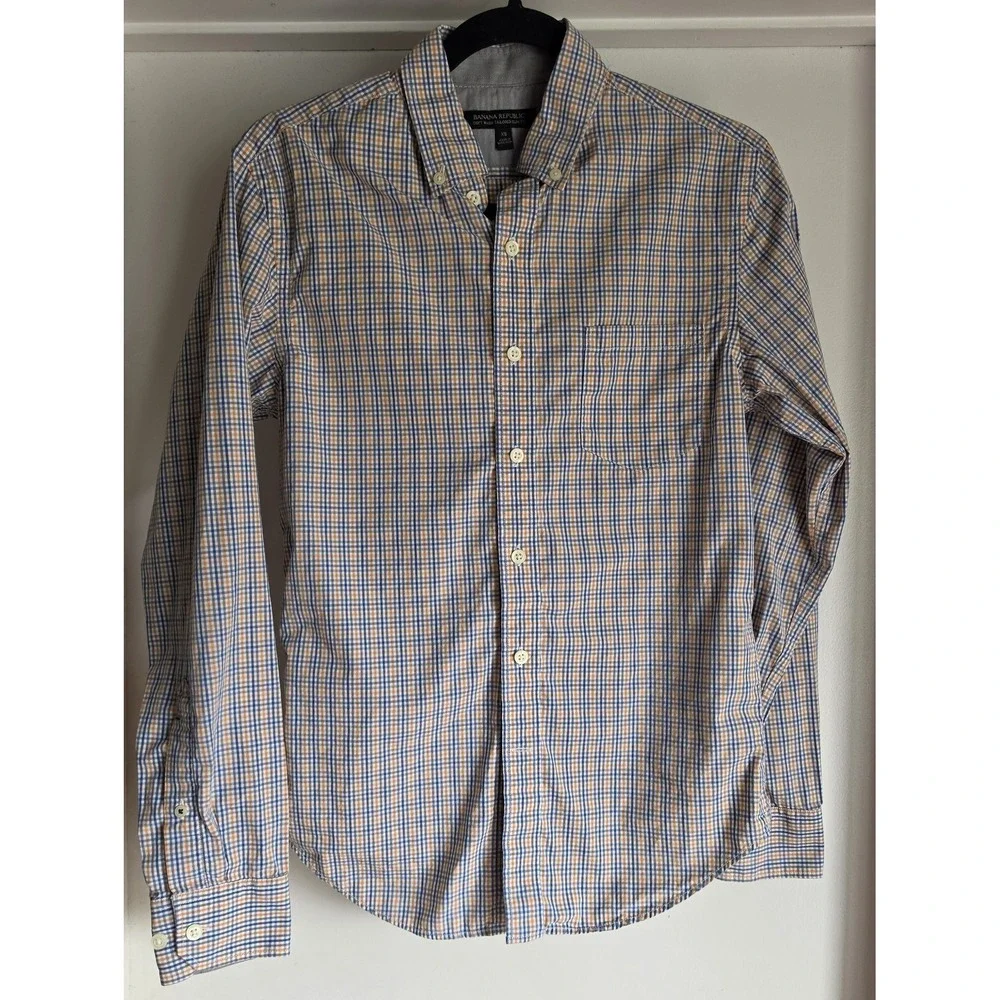 Banana Republic Men's XS Long Sleeve Button-Down Shirt Blue Orange Plaid‎ Cotton